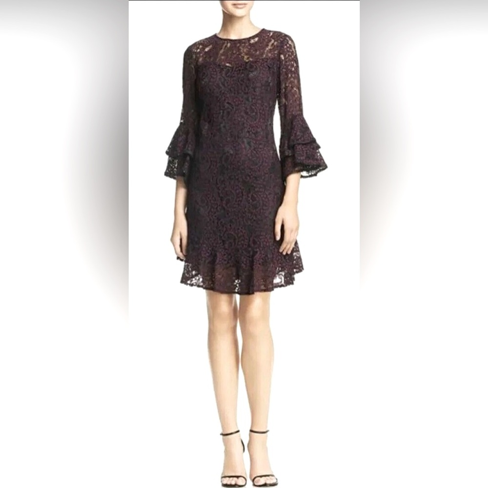 Eliza J 3/4 Poet Bell Sleeve Eggplant Lace A-line w Black Trim Detailing B7